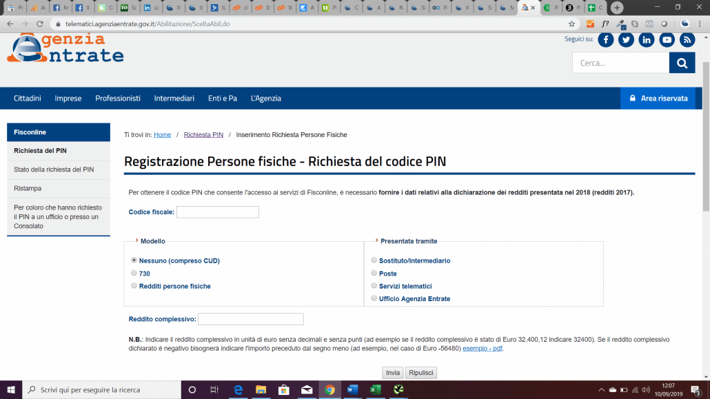 registrazione a fisconline: richiesta codice pin agenzia delle entrate
