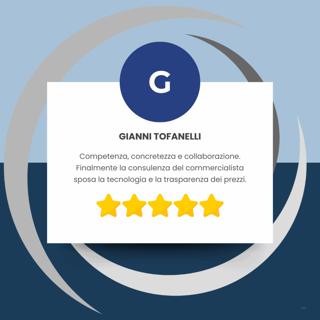 Recensione a 5 stelle di Gianni Tofanelli, che elogia la consulenza del Commercialista Online per competenza, trasparenza e uso della tecnologia.