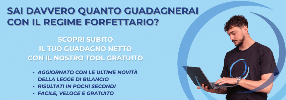 Banner promozionale tool gratuito per calcolare il guadagno netto nel regime forfettario – calcolo aggiornato e risultati immediati