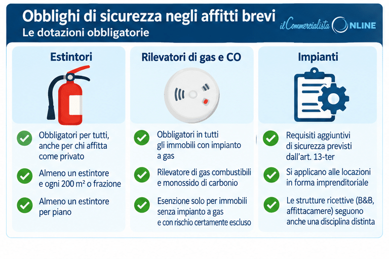 Obblighi di sicurezza affitti brevi 2026, estintori, rilevatori di gas e monossido di carbonio.