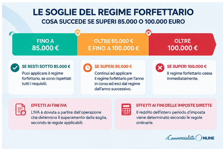 Limiti regime forfettario 2026: cosa succede superando 85.000 euro o 100.000 euro di ricavi e compensi
